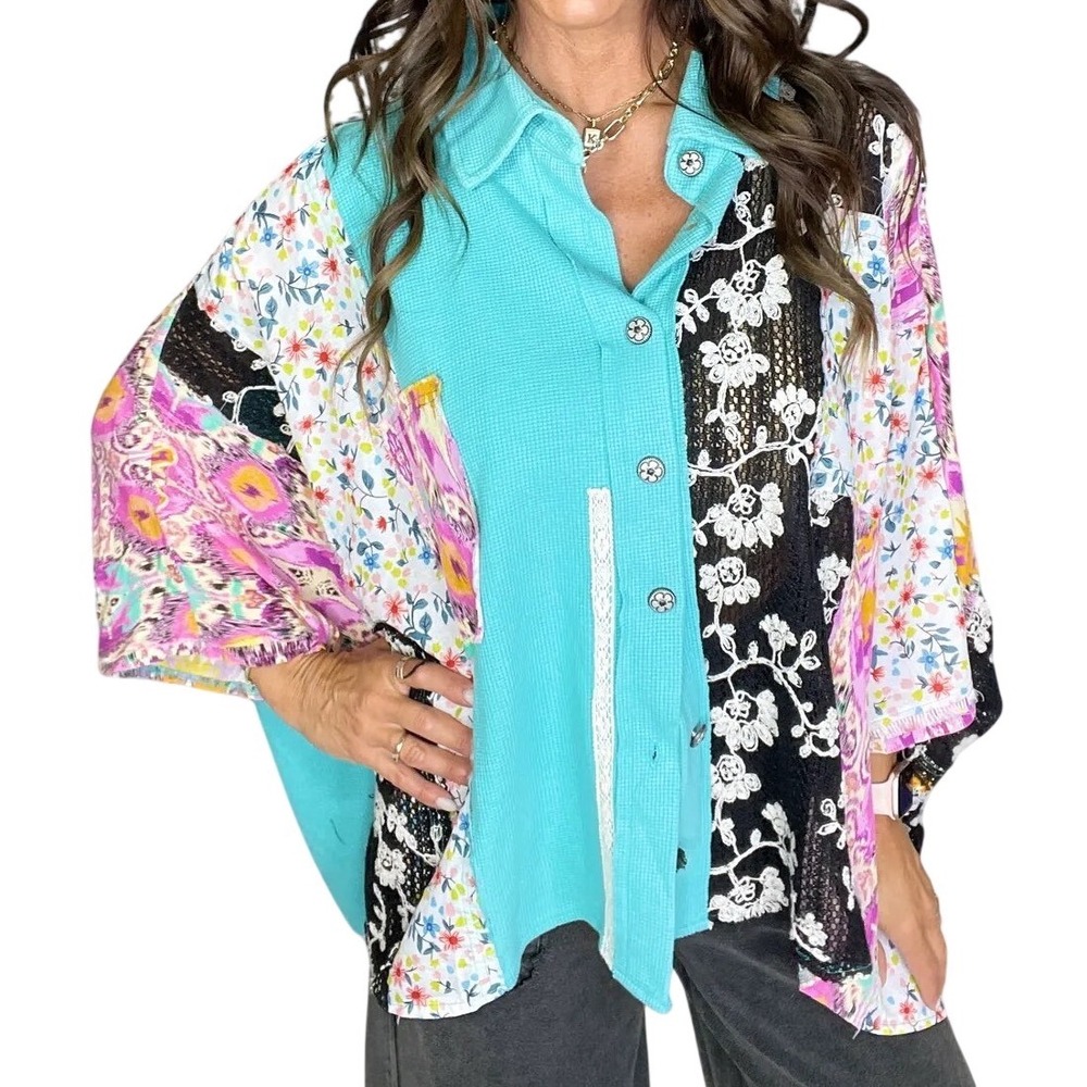 POL Patchwork Waffle Knit Floral Lace Button Down Shirt Teal Mixed Media Medium